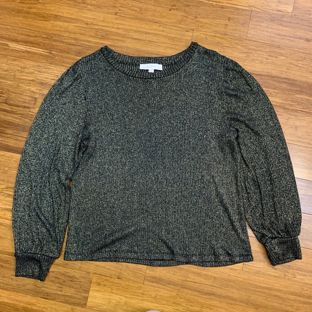LOFT Metallic Gold Sparkle Sweater‎ Womens Size XL Black Long Sleeve Ribbed Knit